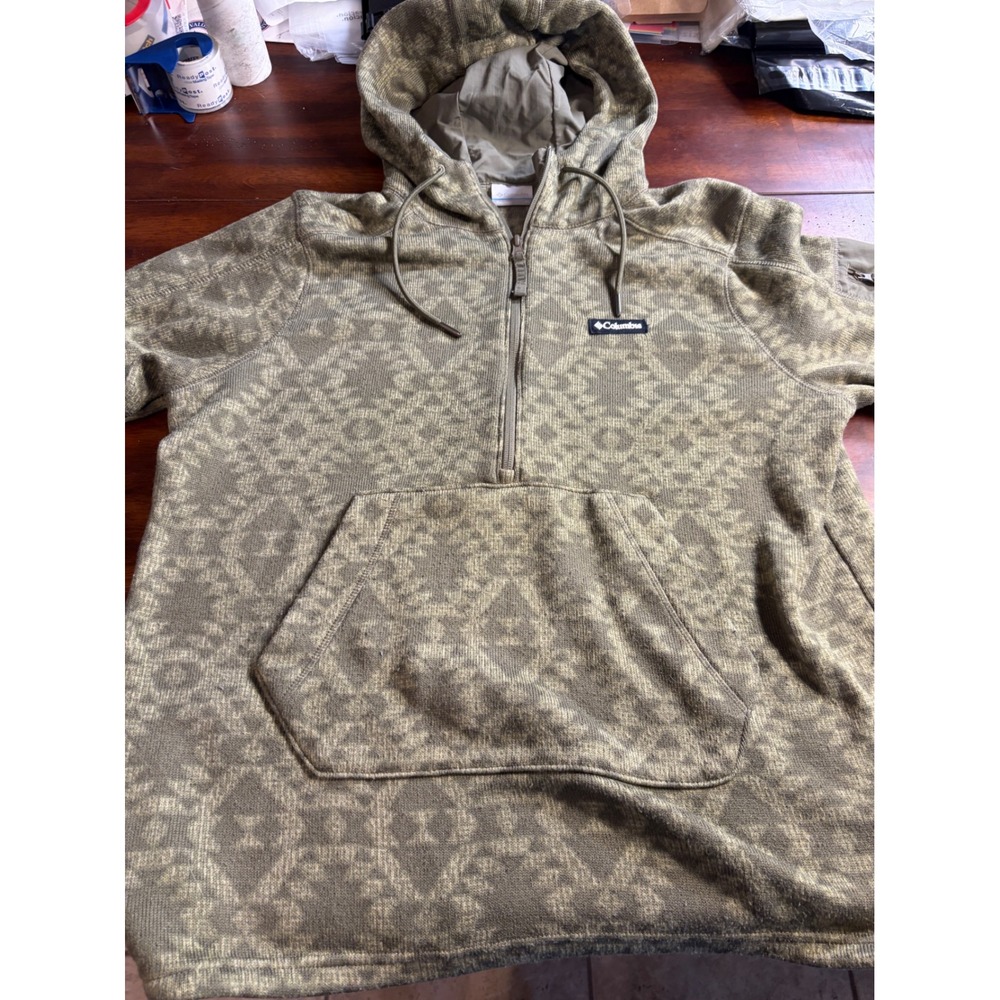 Columbia Mens XL Quarter Zip Hoodie Green Geometric Knit Pullover Sweater